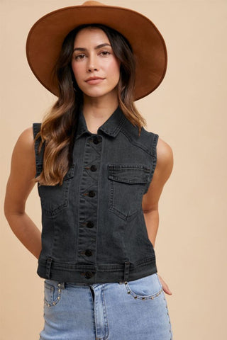 Annie Wear Collared Neck Button Down Denim Vest - 1985 the VAULT Boutique