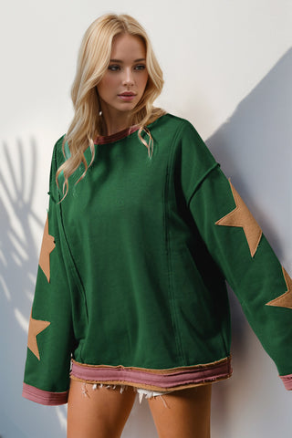 Double Take Star Patched Long Sleeve Sweatshirt - 1985 the VAULT Boutique