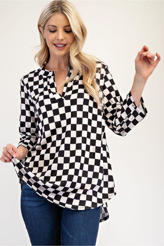 Celeste Full Size Curved Hem Checkered Notched Blouse - 1985 the VAULT Boutique