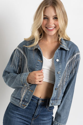 CROP DENIM JACKET WITH RHINESTONE FRINGE - 1985 the VAULT Boutique