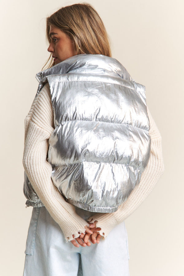 J.NNA Snap and Zipper Shiny Metallic Puffer Vest - 1985 the VAULT Boutique