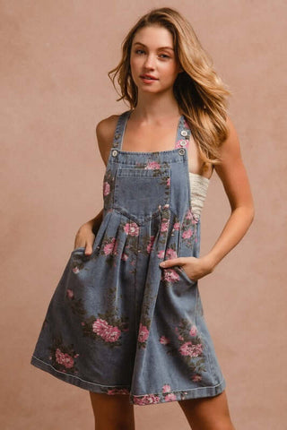 BiBi Flower Printed Wide Strap Denim Overalls - 1985 the VAULT Boutique