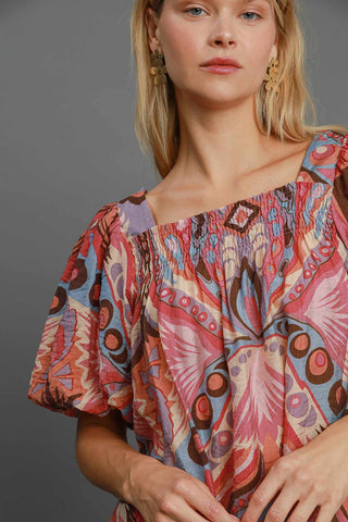 Umgee Full Size Abstract Print Smocked Square Neck Puff Sleeve Blouse - 1985 the VAULT Boutique