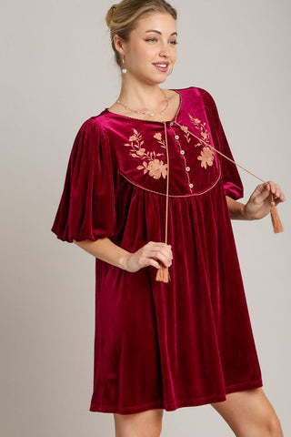 Umgee Embroidered Half Sleeve Velvet Mini Dress with Tassel - 1985 the VAULT Boutique