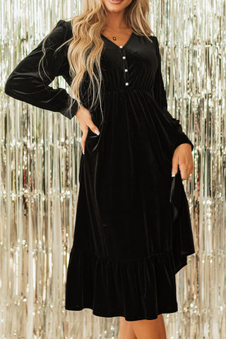 Ruffle Hem Slit V-Neck Long Sleeve Dress - 1985 the VAULT Boutique