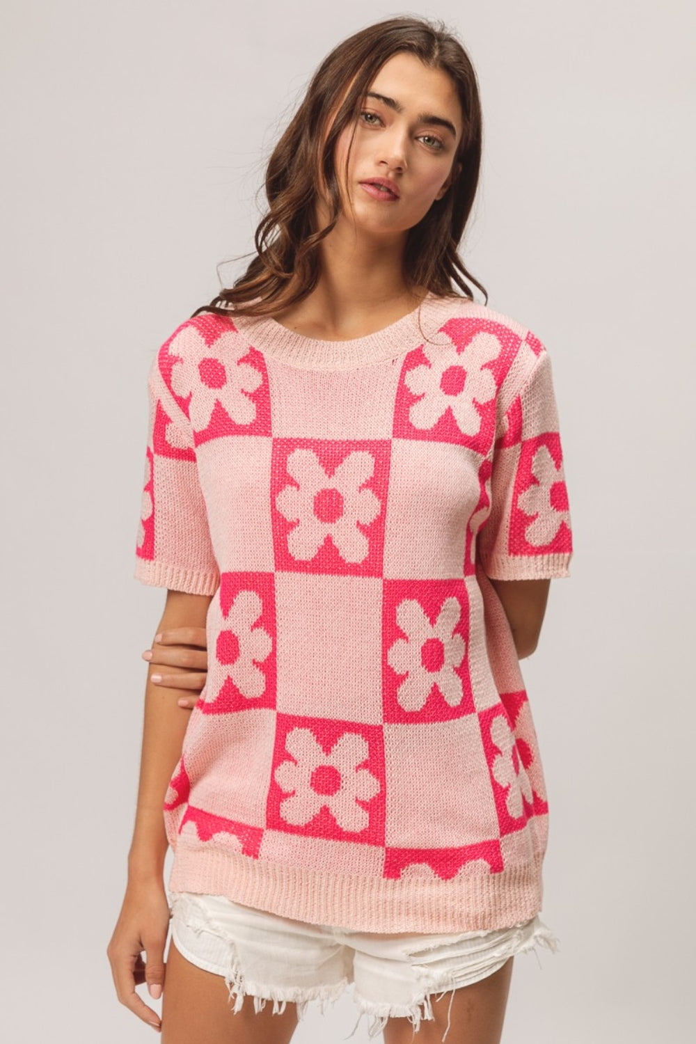 BiBi Flower Checker Pattern Short Sleeve Sweater - 1985 the VAULT Boutique