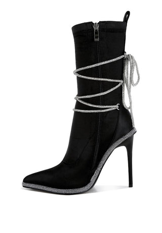 Dacia Rhinestones Strap Satin Calf Boots - 1985 the VAULT Boutique