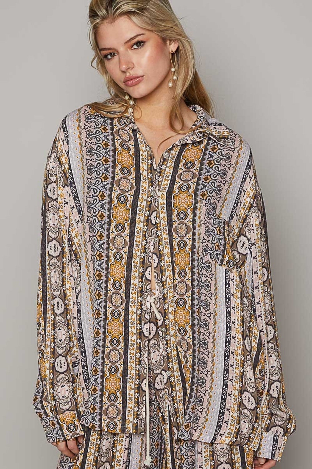 POL Long Sleeve Button Down Printed Shirt - 1985 the VAULT Boutique