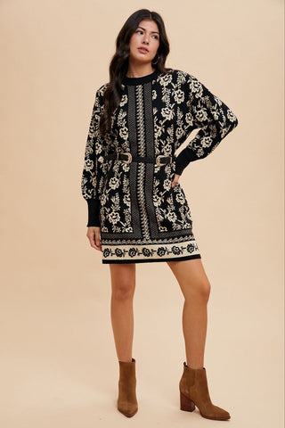 Annie Wear Floral Jacquard Round Neck Sweater Dress - 1985 the VAULT Boutique