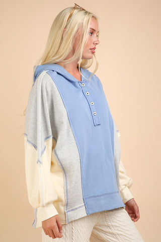 VERY J Exposed Seam Color Block Half Button Hoodie - 1985 the VAULT Boutique