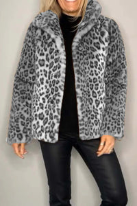 Full Size Leopard Furry Collared Neck Long Sleeve Coat - 1985 the VAULT Boutique