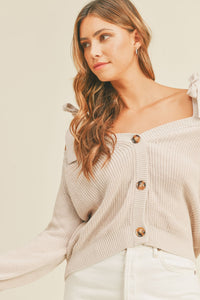 MABLE Off Shoulder Self Tie Strap Button Down Sweater - 1985 THE VAULT