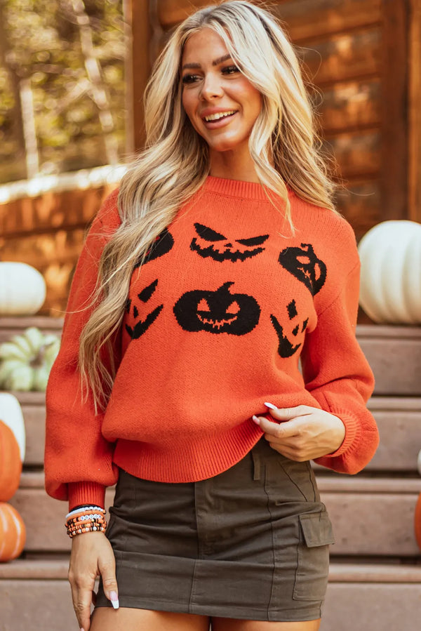 Pumpkin Pattern Round Neck Sweater - 1985 the VAULT Boutique