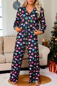 Christmas Lights Print Collared Neck Top and Pants Set - 1985 the VAULT Boutique