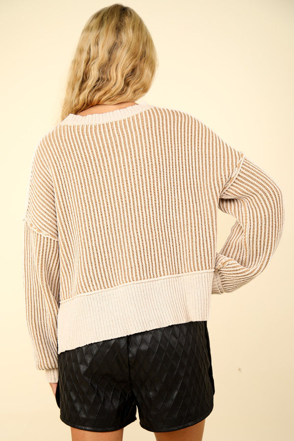 VERY J Exposed Seam Cropped Striped Slit Sweater - 1985 the VAULT Boutique