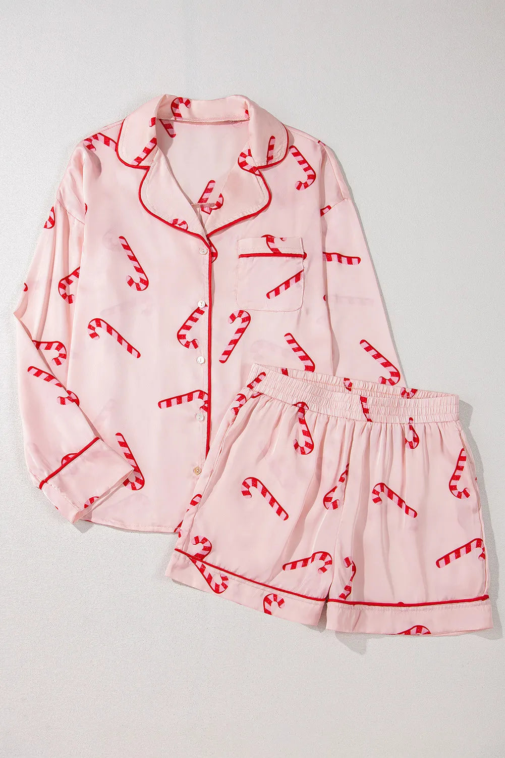 Candy Cane Collared Neck Long Sleeve Top and Shorts Lounge Set - 1985 the VAULT Boutique