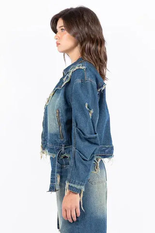 American Bazi Distressed Frayed Edge Zip Up Denim Jacket - 1985 the VAULT Boutique