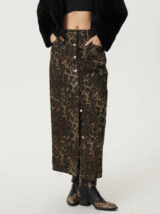 Leopard Button Up Denim Skirt - 1985 the VAULT Boutique