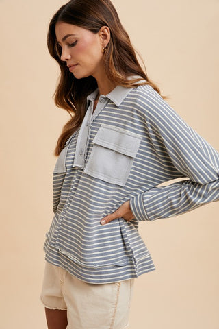 Annie Wear Striped Button Detail Long Sleeve Polo Top - 1985 the VAULT Boutique