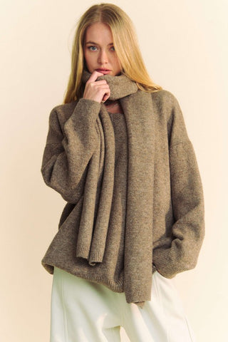 Davi & Dani V-Neck Dropped Shoulder Sweater with Scarf - 1985 the VAULT Boutique