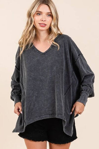 Mittoshop Mineral Wash V-Neck Long Sleeve Oversized Top - 1985 the VAULT Boutique