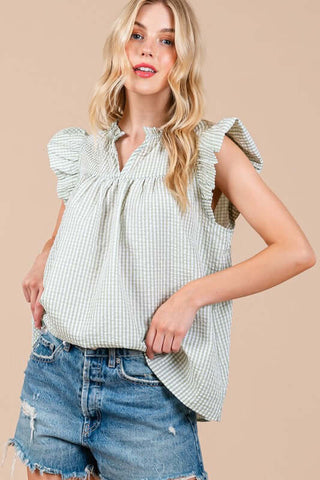 Ces Femme Plaid Notched Ruffled Cap Sleeve Blouse - 1985 the VAULT Boutique