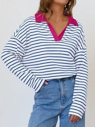 Mandy Striped Johnny Collar Long Sleeve Sweatshirt - 1985 the VAULT Boutique