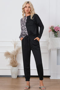 Leopard Round Neck Top and Drawstring Pants Lounge Set - 1985 the VAULT Boutique