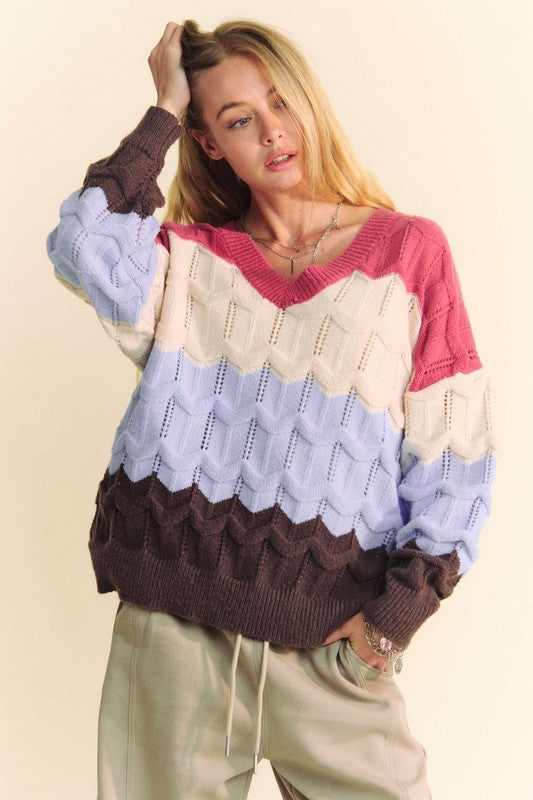 Davi & Dani Wavy Texture Color Block V-Neck Sweater - 1985 the VAULT Boutique