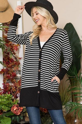 Celeste Full Size Striped Button Up Long Sleeve Cardigan Plus Size - 1985 the VAULT Boutique