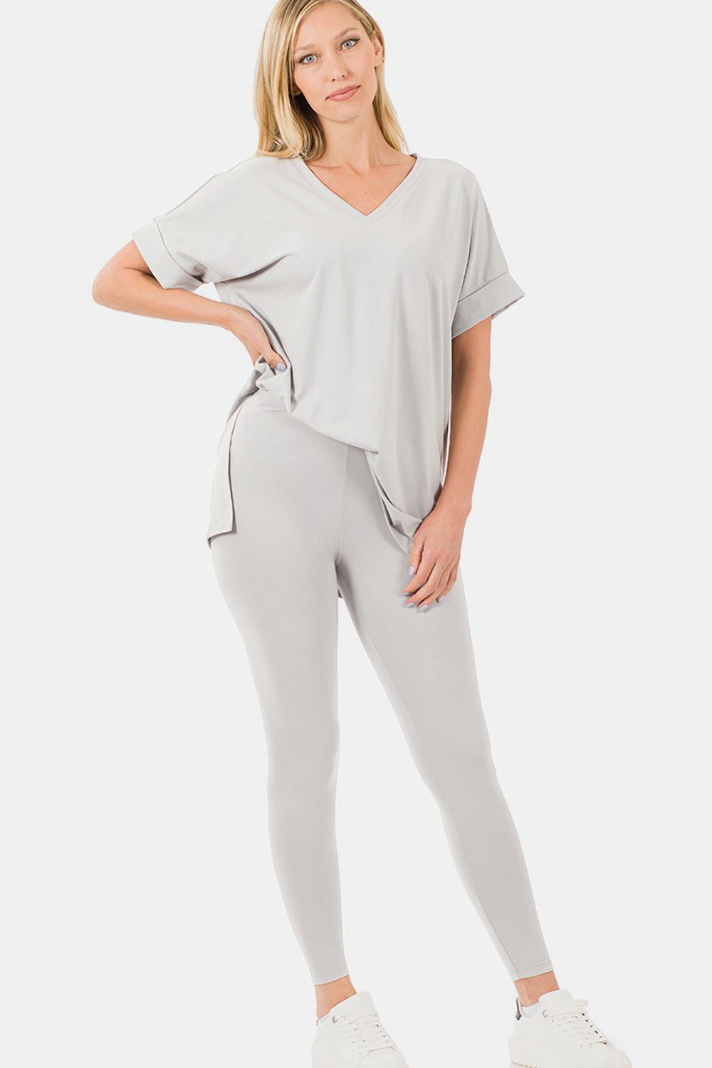 Zenana V-Neck Rolled Short Sleeve T-Shirt and Leggings Lounge Set - 1985 the VAULT Boutique