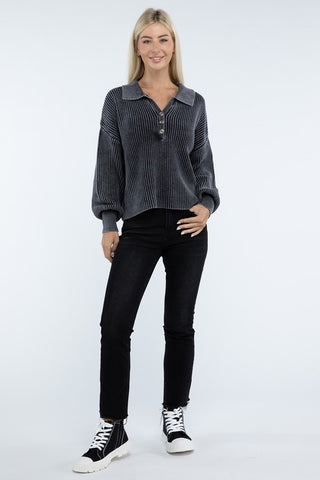 Washed Collared Henley Sweater - 1985 the VAULT Boutique