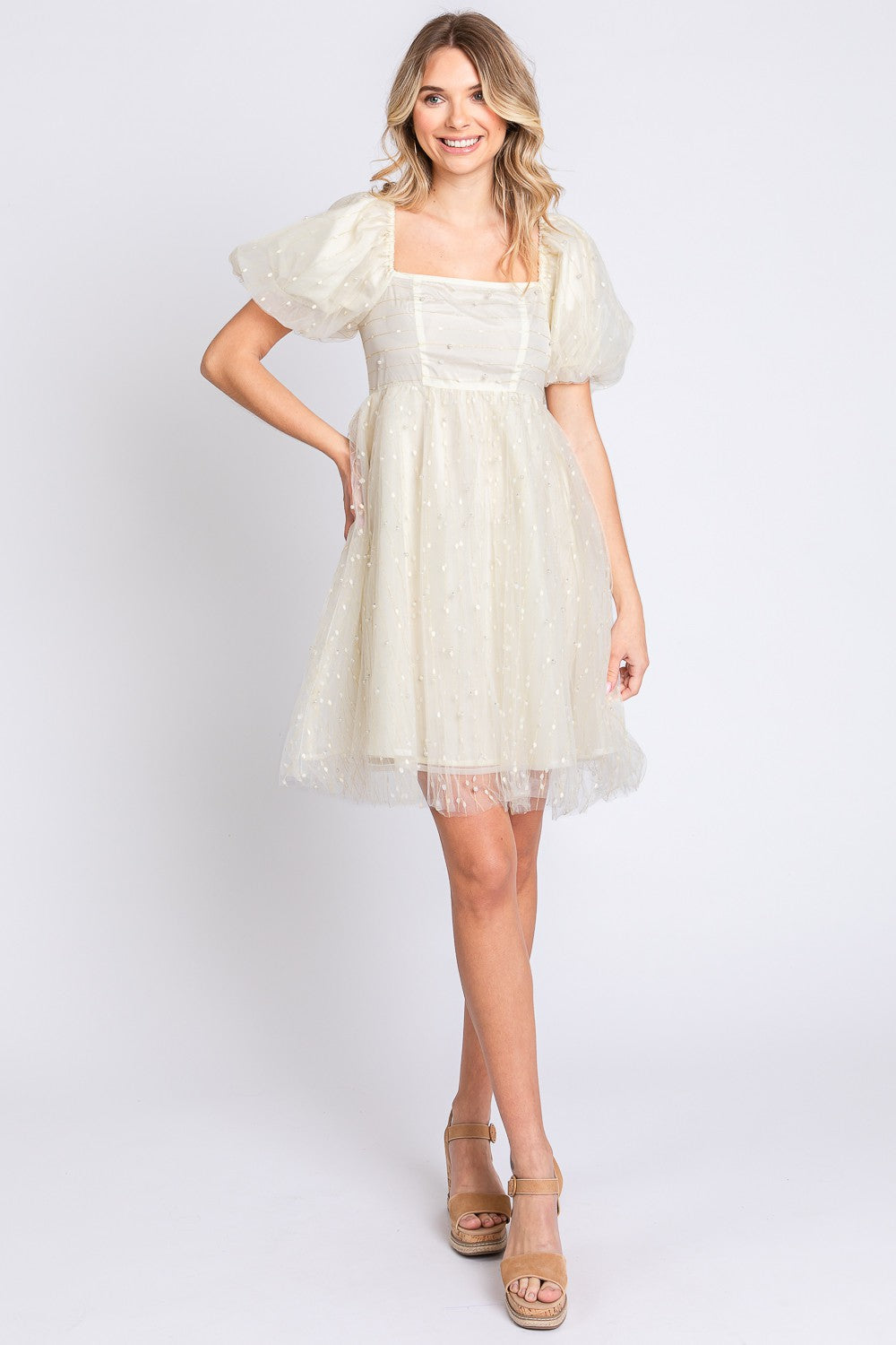 GeeGee Pearl Mesh Puff Sleeve Babydoll Dress - 1985 the VAULT Boutique