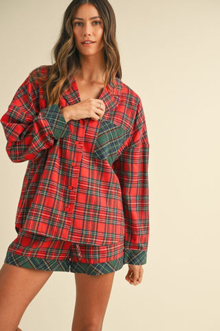 Annie Wear Contrast Plaid Long Sleeve Top and Shorts Set - 1985 the VAULT Boutique