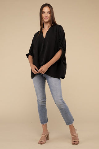 Woven Airflow V-Neck Puff Half Sleeve Top - 1985 the VAULT Boutique