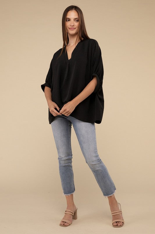 Woven Airflow V-Neck Puff Half Sleeve Top - 1985 the VAULT Boutique