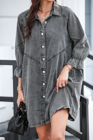 Distressed Collared Neck Flounce Sleeve Denim Dress - 1985 the VAULT Boutique