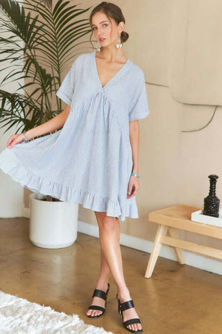 ADORA Ruffled Hem Striped V-Neck Babydoll Dress - 1985 the VAULT Boutique