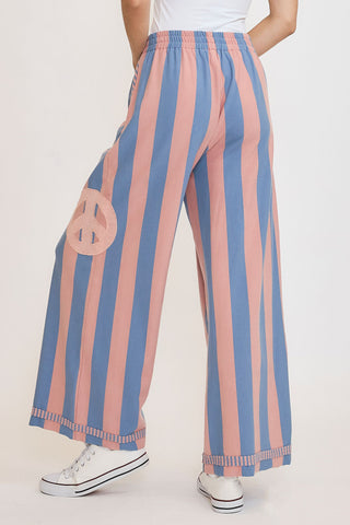 Umgee Peace Sign Patch Striped Wide Leg Pants - 1985 the VAULT Boutique