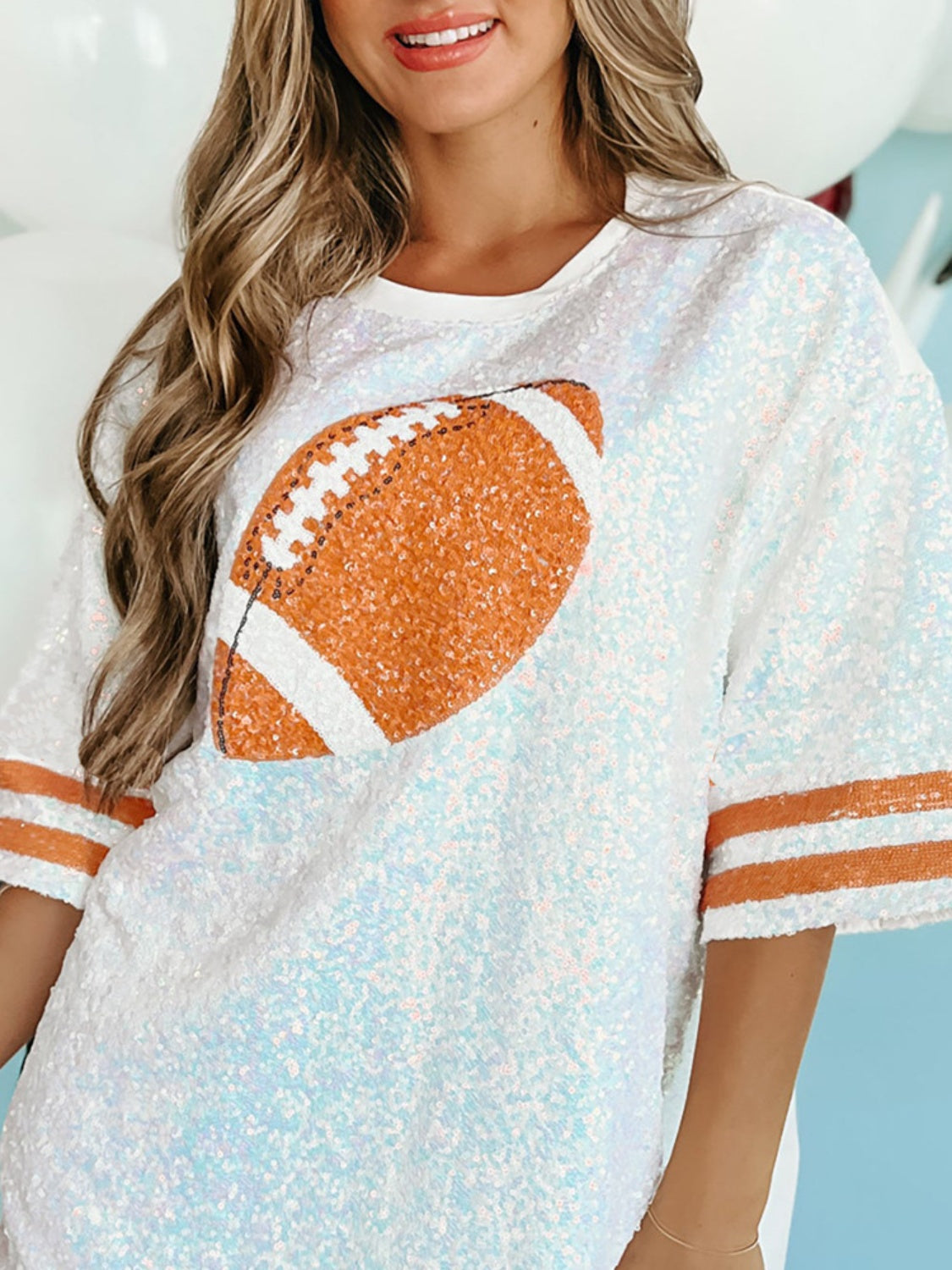 Sequin Football Round Neck Half Sleeve Oversize Top - 1985 the VAULT Boutique