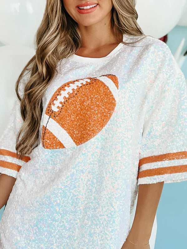 Sequin Football Round Neck Half Sleeve Oversize Top - 1985 the VAULT Boutique