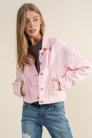 CROP DENIM JACKET WITH RHINESTONE FRINGE - 1985 the VAULT Boutique