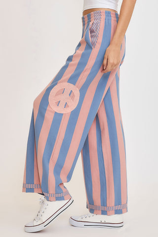 Umgee Peace Sign Patch Striped Wide Leg Pants - 1985 the VAULT Boutique