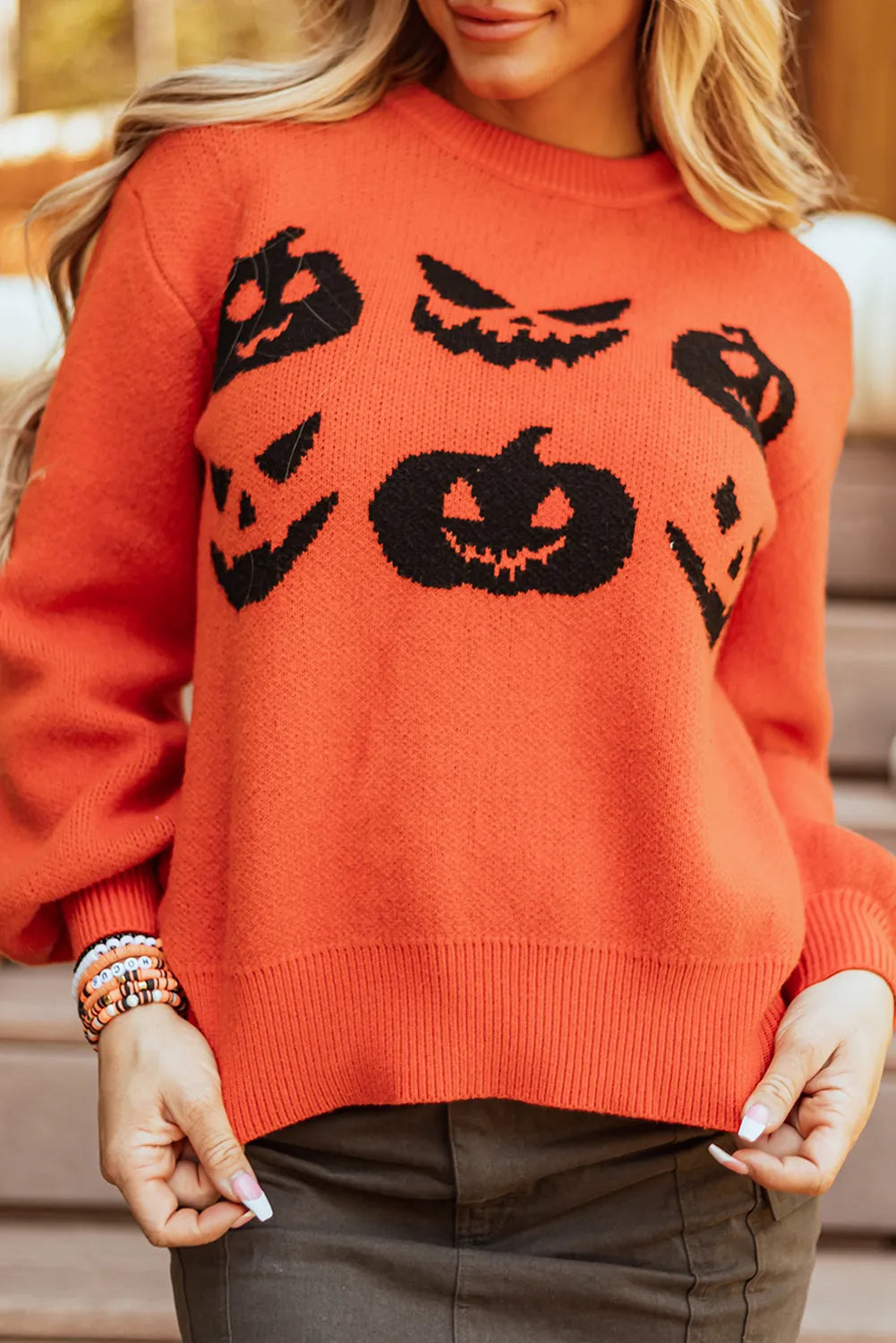 Pumpkin Pattern Round Neck Sweater - 1985 the VAULT Boutique