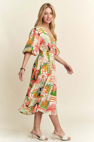 ADORA Floral V-Neck Puff Sleeve Midi Dress - 1985 the VAULT Boutique