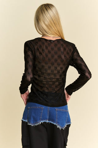 Davi & Dani Bow Mesh Round Neck Long Sleeve Top - 1985 the VAULT Boutique