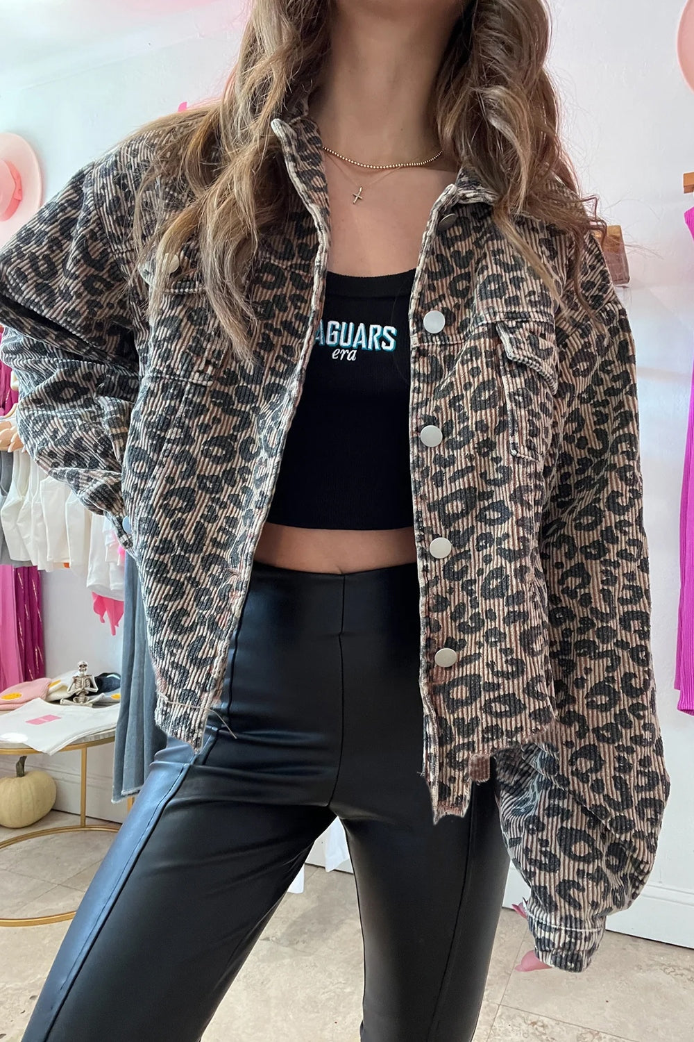 Asymmetrical Hem Collared Neck Leopard Jacket - 1985 the VAULT Boutique