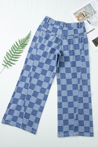 Checkered Wide Leg Jeans with Pockets - 1985 the VAULT Boutique