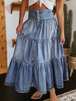 Tiered Button-Fly Denim Skirt - 1985 the VAULT Boutique