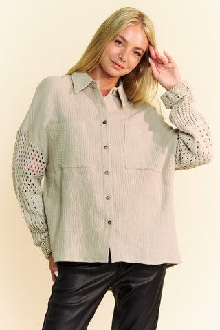 Davi & Dani Crochet Sleeve Crinkled Texture Shirt - 1985 the VAULT Boutique